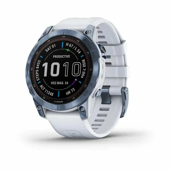 Garmin Fenix 7 GPS Watch Sapphire Solar Edition Mineral Blue Titanium W/Whitestone Band
